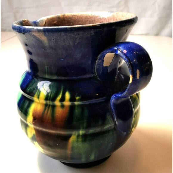 Vtg Art Pottery Pitcher Blue Green Yellow Drip Glaze Jug MCM Fat Lava Style - Picture 3 of 10